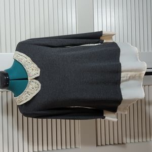 Super cute Grey shirt with lace/pearl collar
